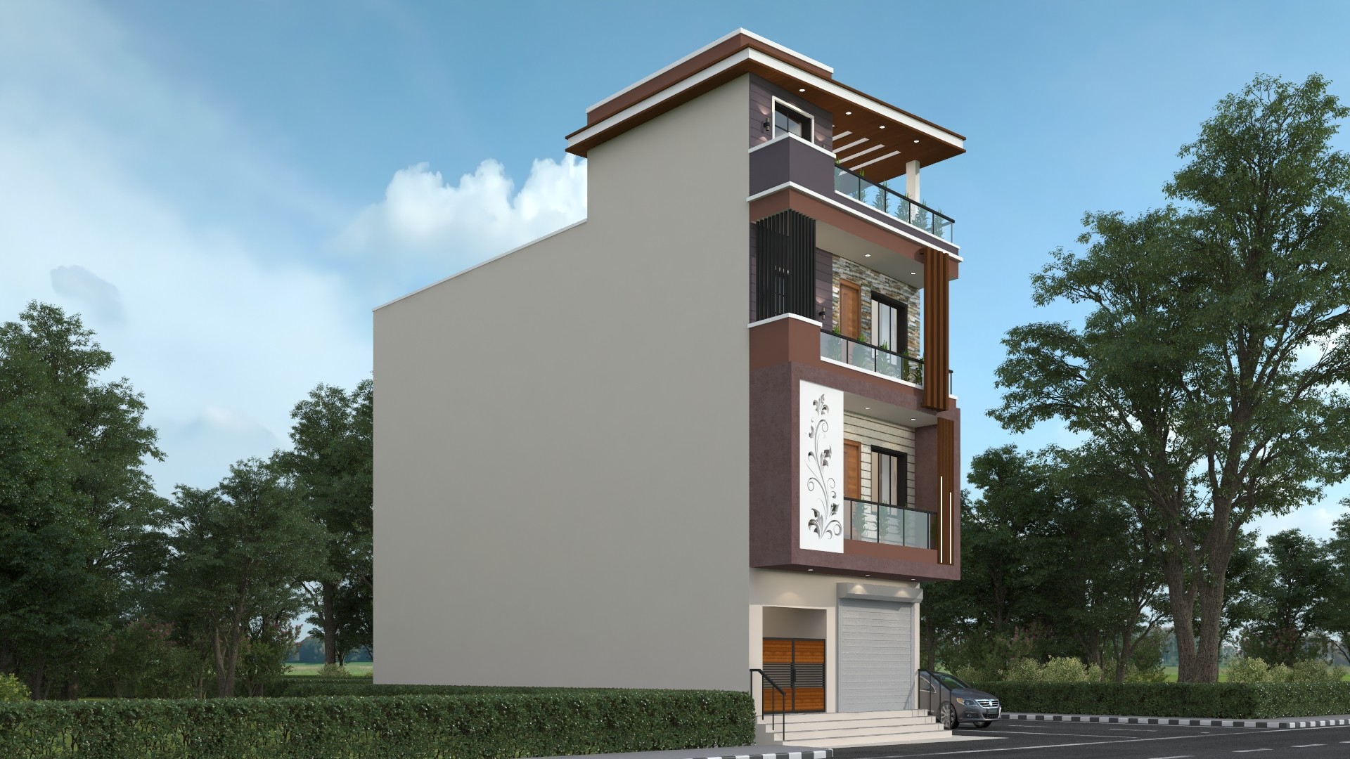 Front elevation 3D render showing a modern cream and wood exterior