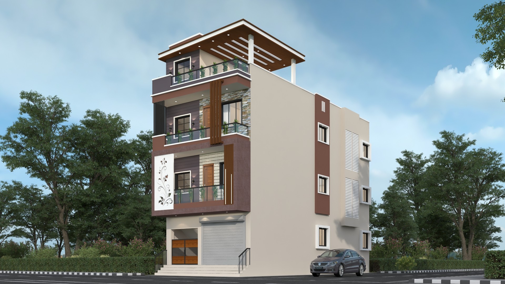 Front elevation 3D render showing a contemporary multi-level home design