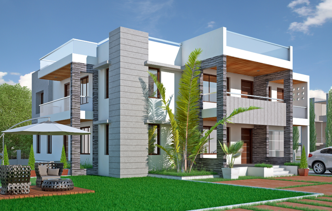 Exterior design screenshot showing a completed residential front view