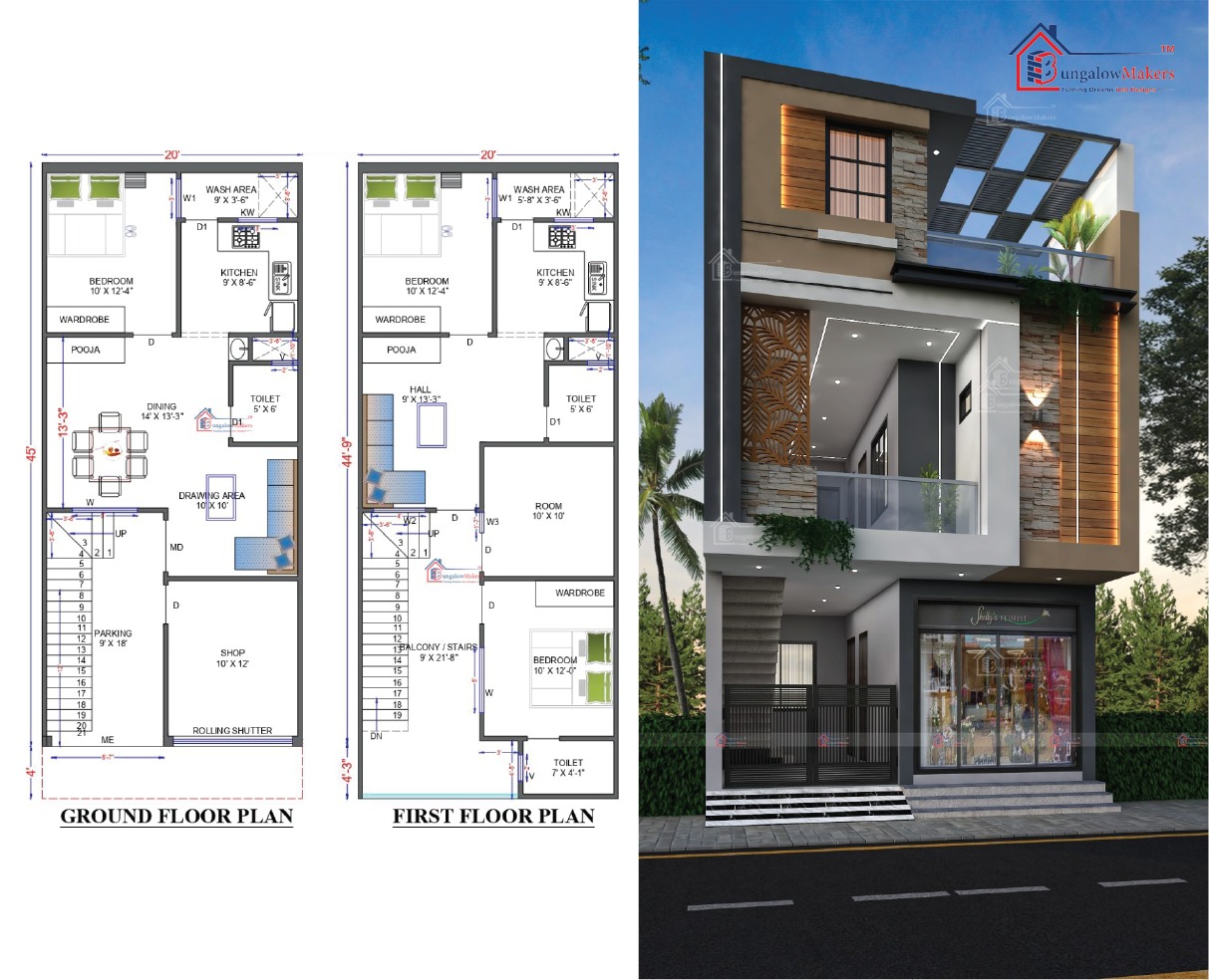 20×45 House Plan & 3D Elevation with Vastu-Compliant Design